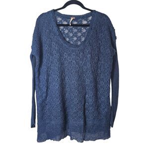 Free People L Open Knit Sweater Blue Wool Linen‎ Blend Ruffle Hem Boho Casual